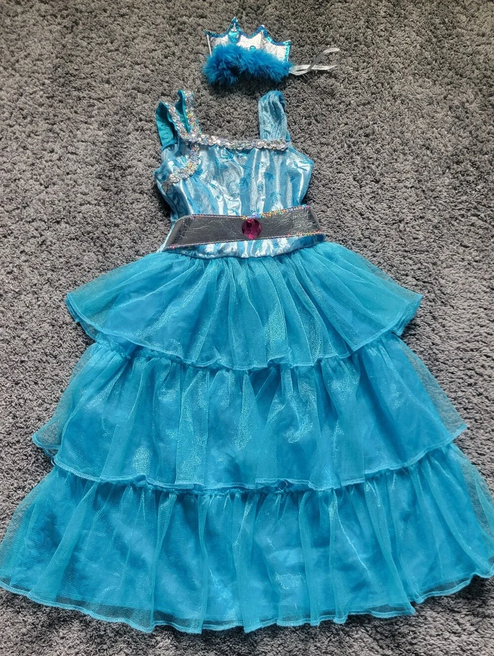 Blue Princess Tulle Tiered Kids Costume Dress with Crown Size 3+ Like New